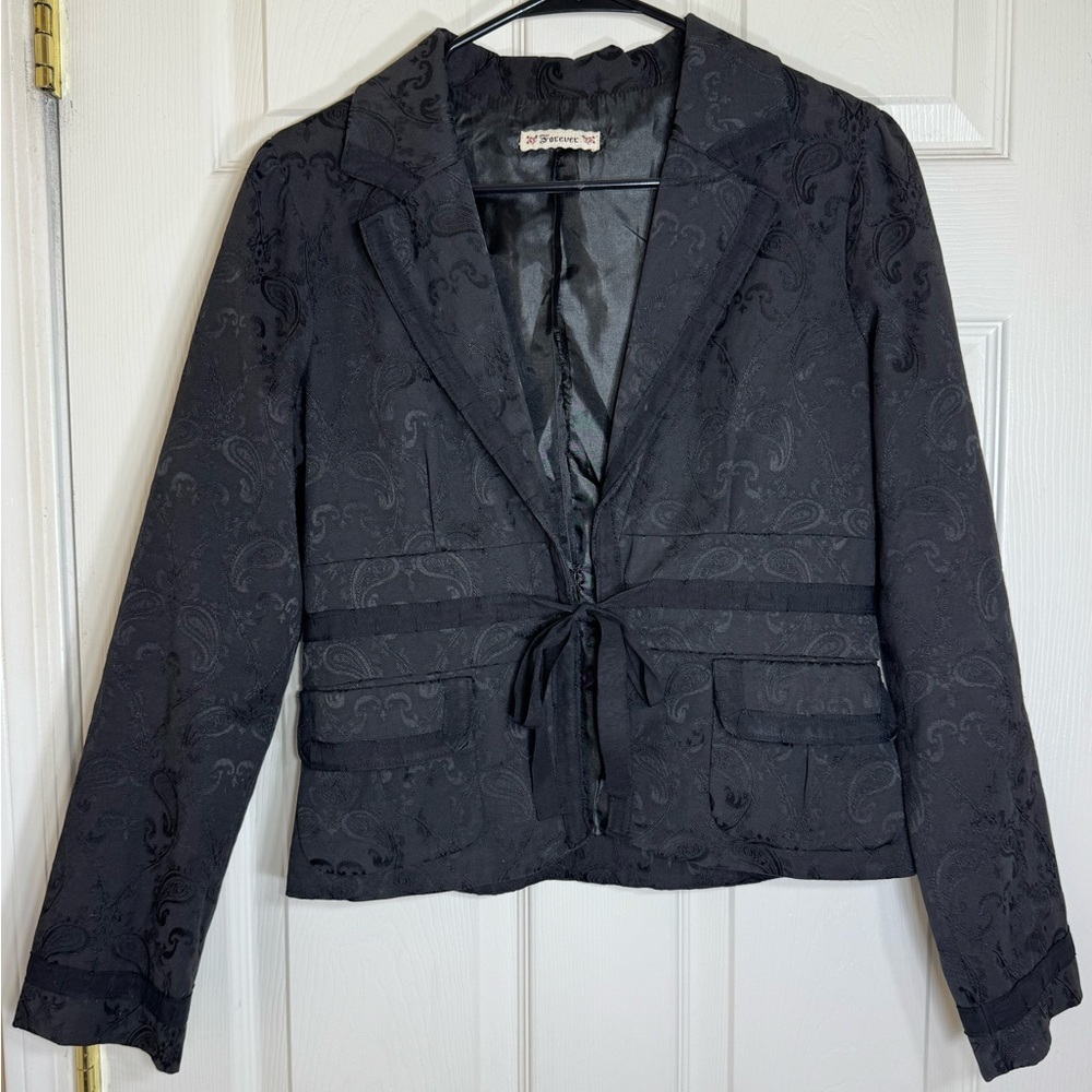 Vintage Forever Y2K Black Jacquard Blazer‎ Jacket Tie Waist Cropped Goth S/M